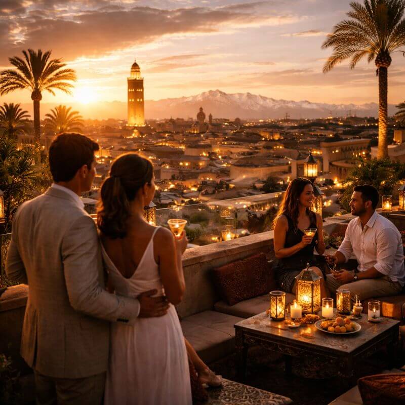 Rooftop au coucher du soleil à Marrakech